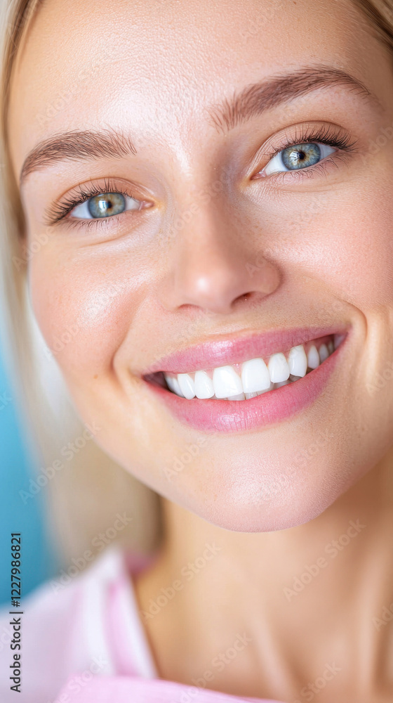 Obraz premium Close Up Portrait Of Smiling Young Woman With Blonde Hair And Bright Blue Eyes