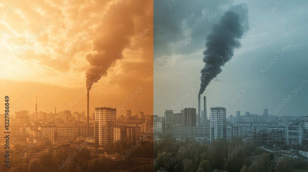 Obraz premium Two contrasting images of a city skyline with one showing a yellowish-orange sky