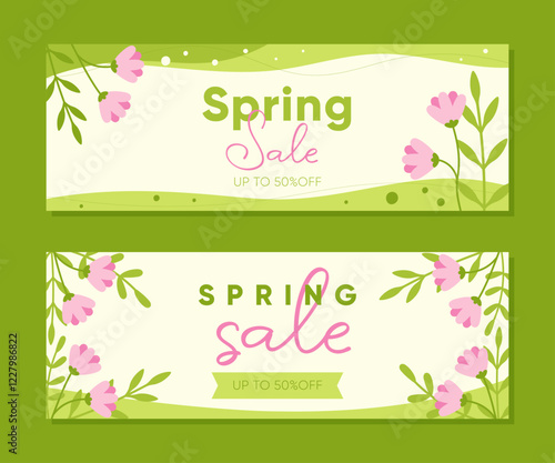 Horizontal banner set for Spring sale with flowers. Vector illustration templates for seasonal discounts, promoting sales and special offers