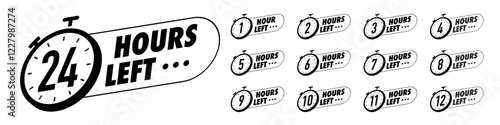 Countdown hours left 1,2,3,4,5,6,7,8,9,10,12,24 badge set for social media post, promotion, promo offer vector