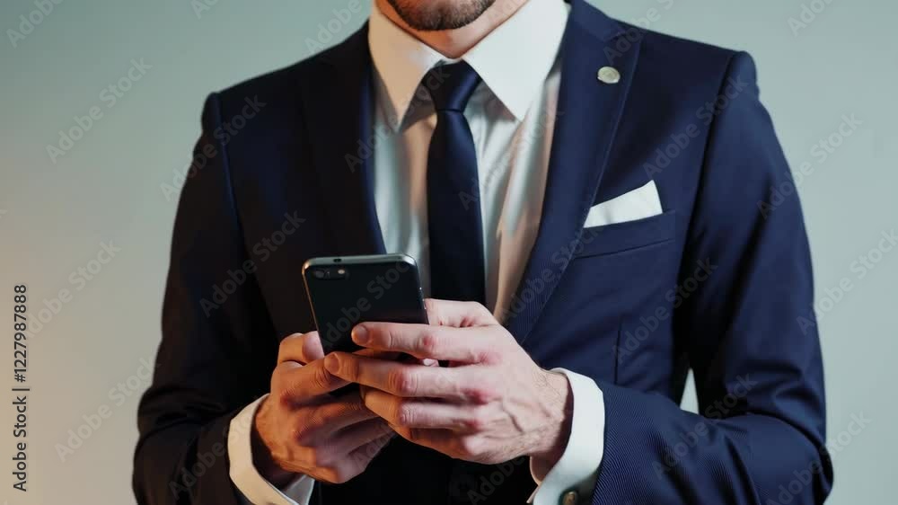 Smiling European business man using smartphone device looking at mobile phone screen scrolling enjoying communication with friends Smiling European business man using smartphone device looking at mobile phone screen scrolling enjoying communication with friends
