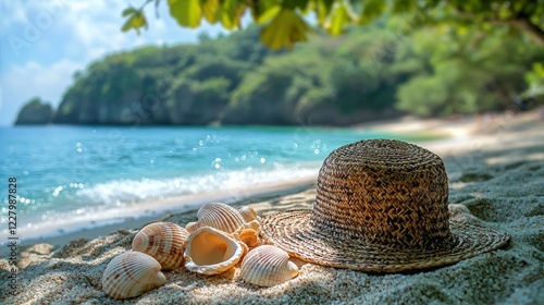 Seashells, hat, tropical beach, ocean view, summer vacation