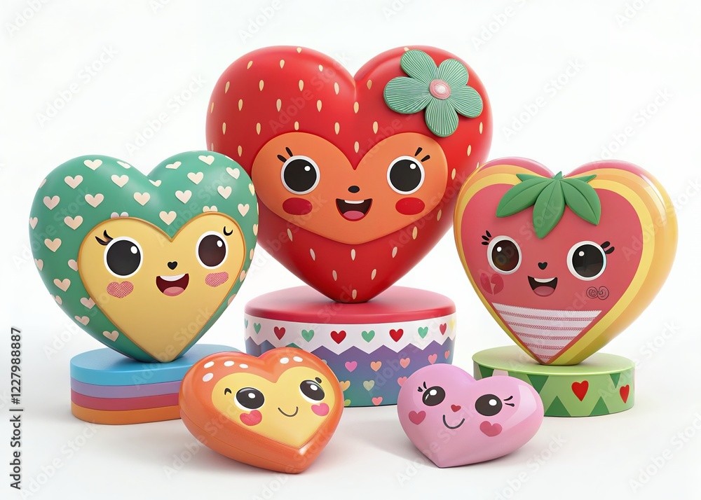 Obraz premium owls and heart Smiling face with Cartoon hearts emoji. Emoticon in love isolated on 3D rendering.