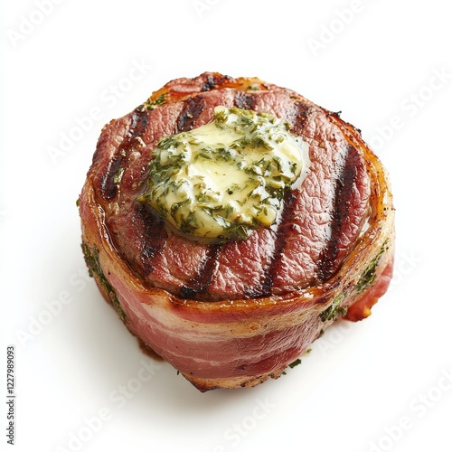 A juicy bacon-wrapped filet mignon with herb butter, isolated white background, realism art style photo