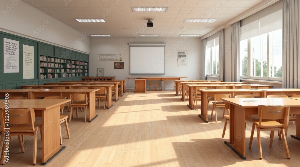 Serene Empty Classroom with Wooden Desks and Bookshelves Serene Empty Classroom with Wooden Desks and Bookshelves