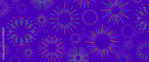 Fireworks background neon style for holiday, party poster, carnival. Sunburst wallpaper. Vector 10 eps