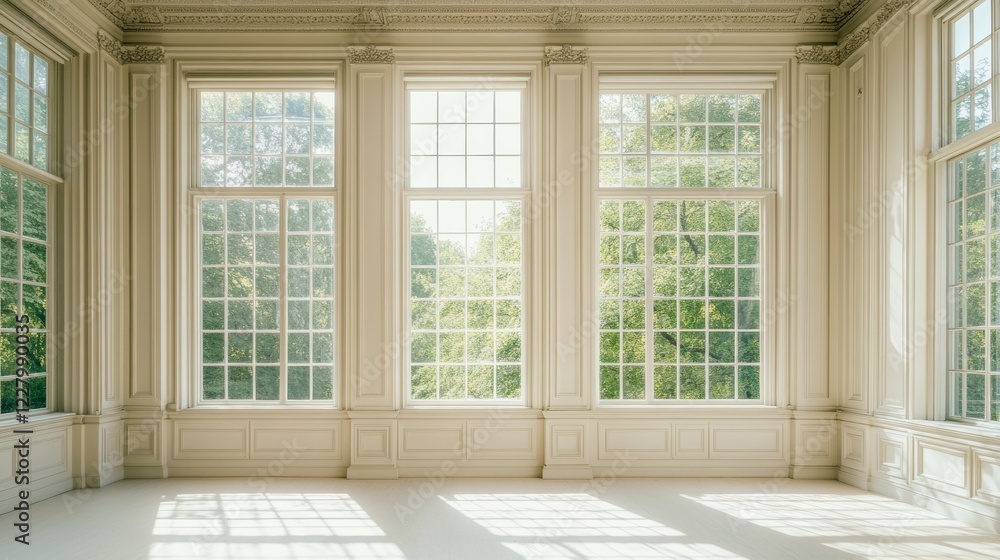 White wall with windows in luxury victorian style, empty vintage room interior, background with square and rectangular molding stucco panels. Home in ancient english style Realistic 3d vector mock up White wall with windows in luxury victorian style, empty vintage room interior, background with square and rectangular molding stucco panels. Home in ancient english style Realistic 3d vector mock up