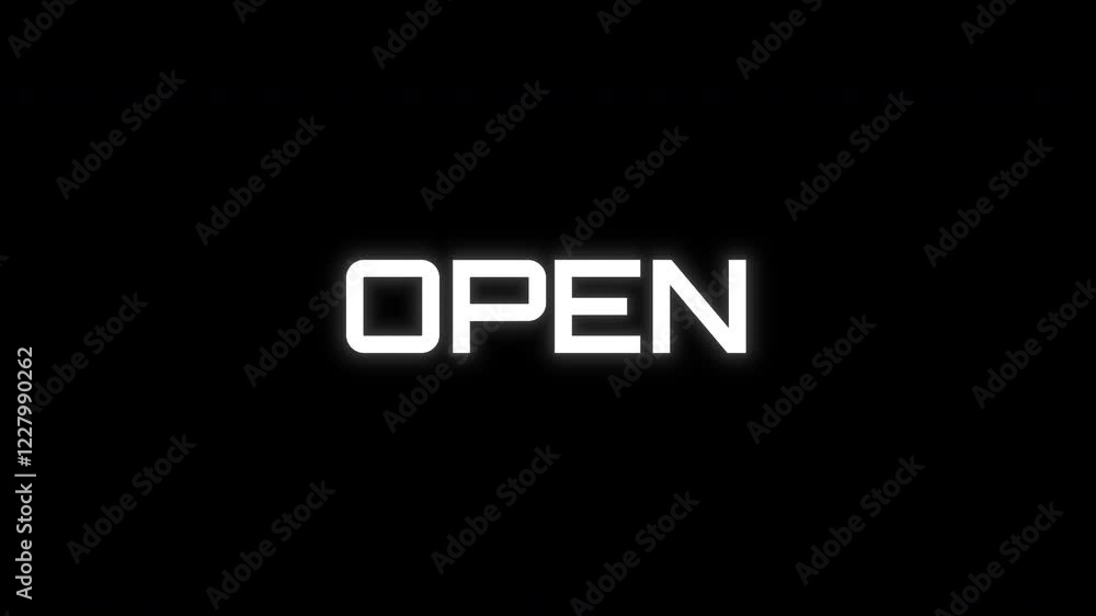 Open - animation of message with glitch. Cyberpunk, technology text. Damaged, distorted signal effect. Retro game style Open - animation of message with glitch. Cyberpunk, technology text. Damaged, distorted signal effect. Retro game style