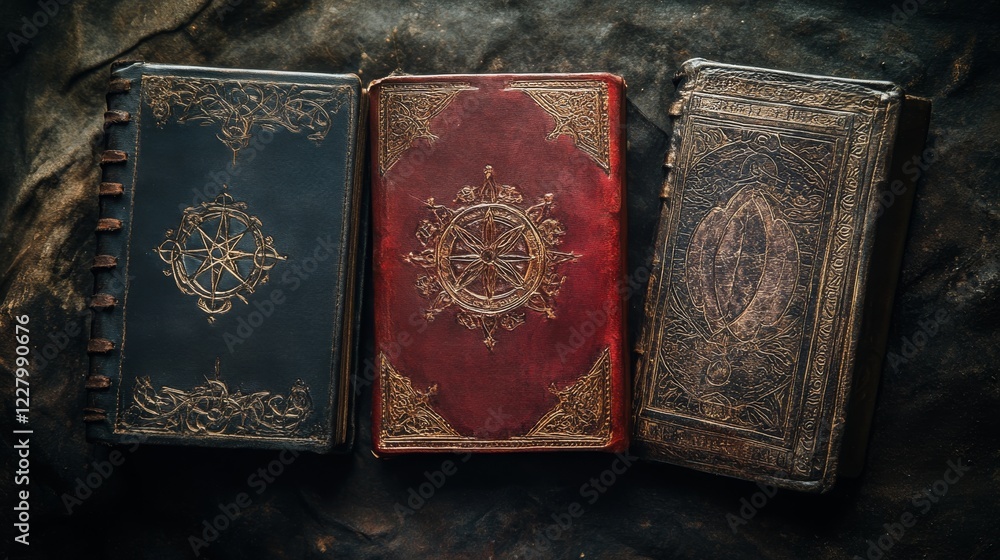 Fototapeta premium Ancient magic spell books set isolated on black background. Vector cartoon illustration of medieval volumes with old leather covers decorated with eyes, skull, hieroglyph, mysterious wizard literature