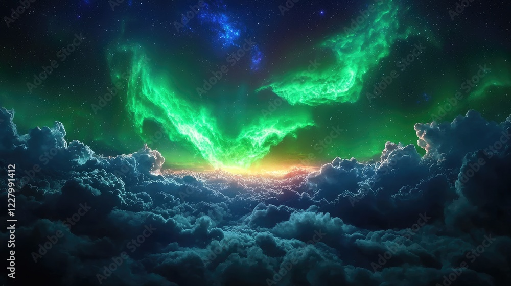 Obraz premium Cosmic Display of Green Aurora Over Mystical Cloud Landscape