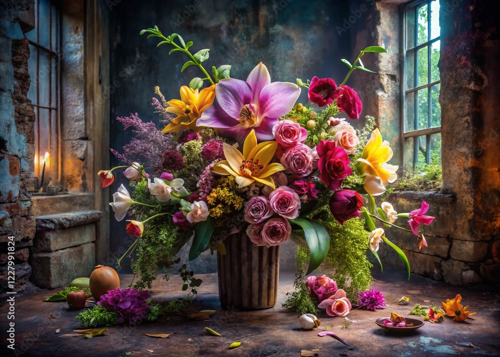 Fototapeta premium Luxurious Spring Floral Arrangement: Exotic Blooms in Urban Decay Setting