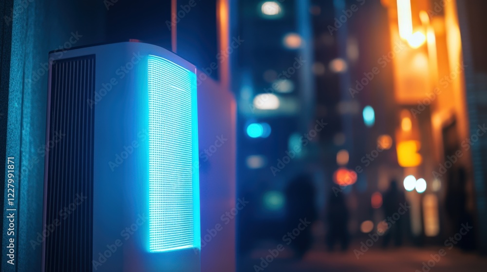 Obraz premium A blue lighted device is on a wall in a city