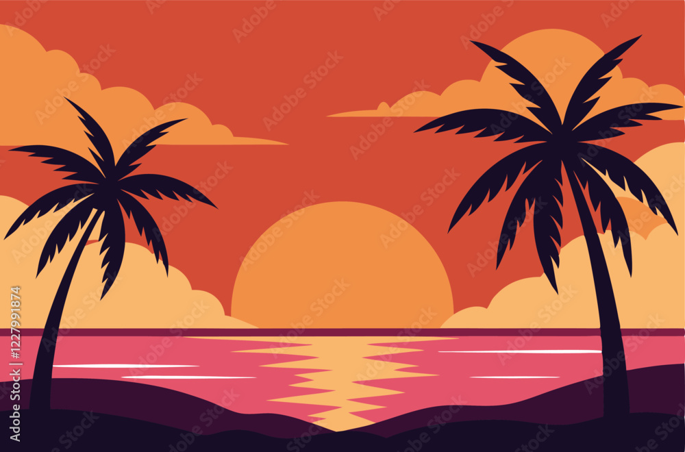 Tropical Sunset Vector Illustration with Palm Trees on a Serene Beach Tropical Sunset Vector Illustration with Palm Trees on a Serene Beach