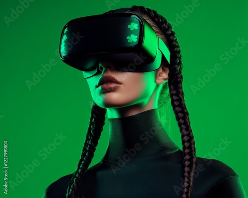 Futuristic Saint Patricks Day Aesthetic Female Model with French Braids and VR Shamrock Gear - Spring Event Marketing and Fashion-Tech Integration photo