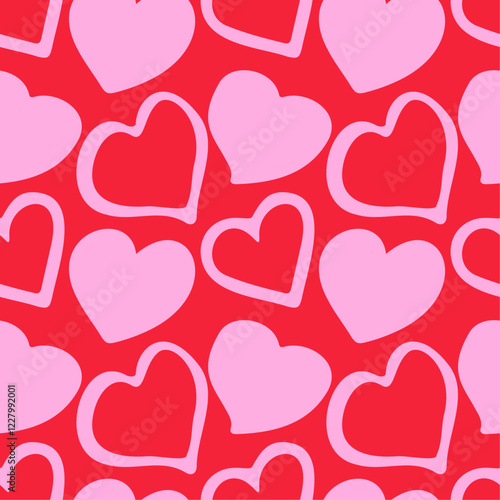 Adorable hand-drawn heart seamless pattern. Charming backdrop, ideal for Valentine's Day and other romantic occasions. Suitable for textiles, wrapping paper, wallpapers, and banners. Vector artwork