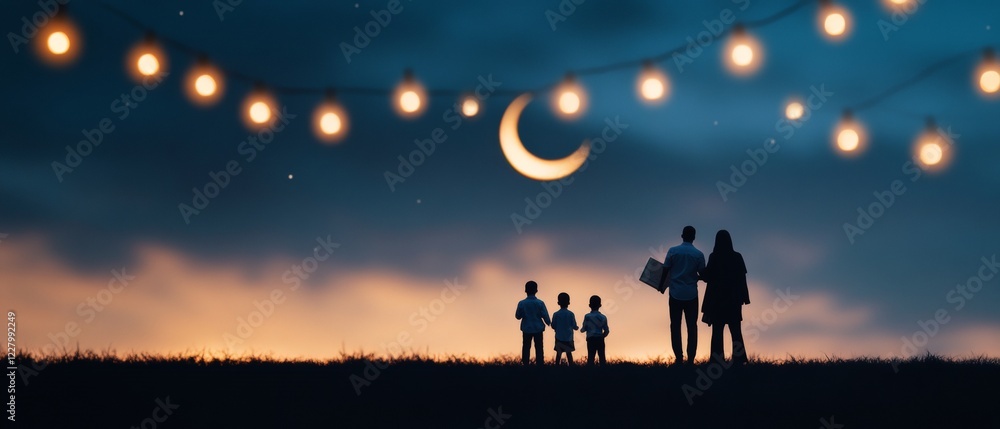 Fototapeta premium Urban Ramadan Harmony Family Silhouettes with Lantern Lights in Nighttime Cityscape - Spiritual Reflection and Festive Eid Design for Modern Cultural Marketing