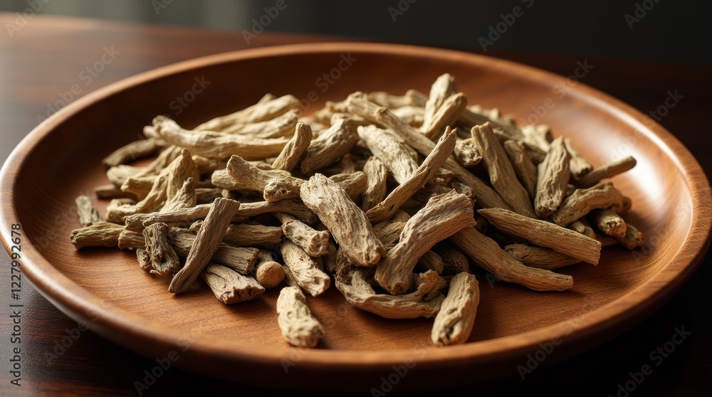 Assortment of Dried Chinese Herbs on Elegant Wooden Tray Assortment of Dried Chinese Herbs on Elegant Wooden Tray
