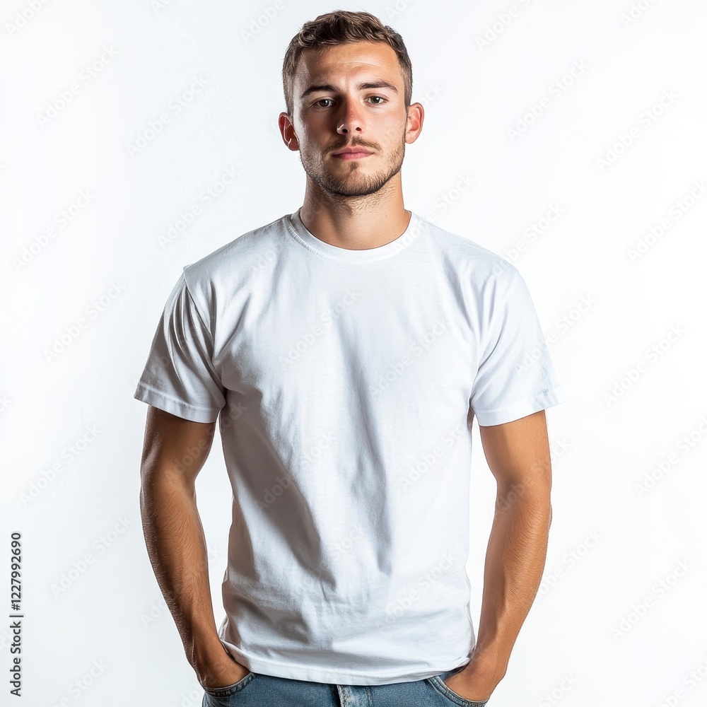 Obraz premium Casual Portrait with Plain T-Shirt on White Background, Minimalist Style, Focus on Clothing and Expression, Versatile for Various Uses