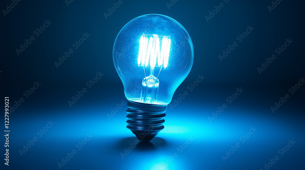 LED light bulb glowing blue against dark background. Suitable for energy efficiency, innovation, or technology concepts. LED light bulb glowing blue against dark background. Suitable for energy efficiency, innovation, or technology concepts.
