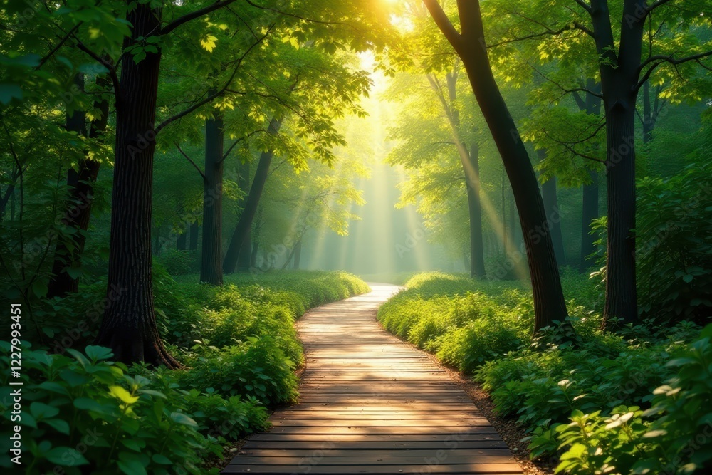 Fototapeta premium Sunlight filters through the canopy above a winding wooden boardwalk, swampy terrain, trees, lush green