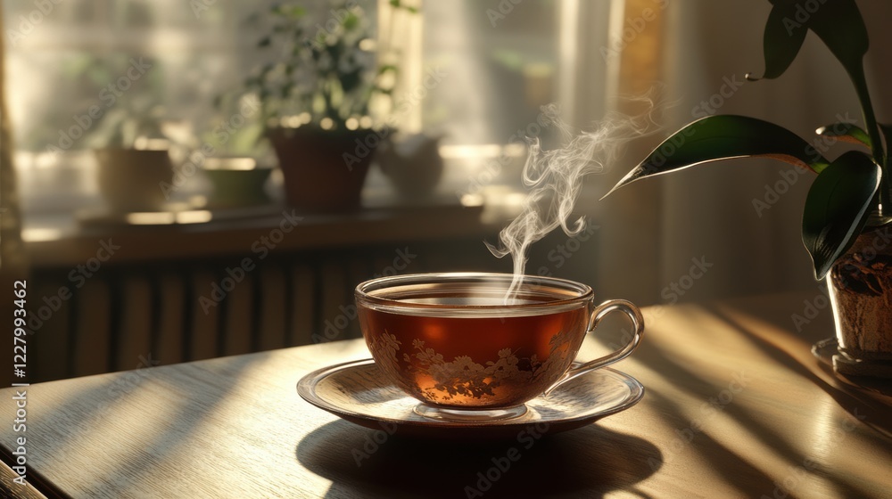 A steaming cup of tea sits on a wooden table, with a potted plant and window in the background. A steaming cup of tea sits on a wooden table, with a potted plant and window in the background.