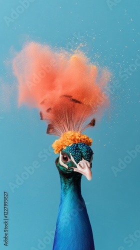 Vibrant Holi Peacock Lifelike Seasonal Artwork Blending Colorful Holi Powders with Marigold Crown - Cultural Celebration and Spring Decor for Event Planners photo