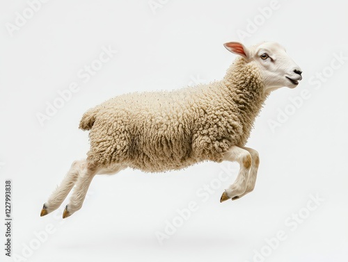 A fluffy lamb leaps mid-air against a white background, symbolizing joy and boundless energy. Ideal for children's books, springtime themes, and playful imagery.