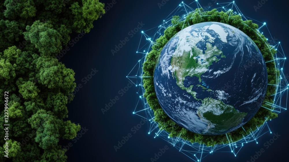 Fototapeta premium A digital globe showcasing a global network hovers over a serene river, highlighting eco-friendly initiatives amid lush forests
