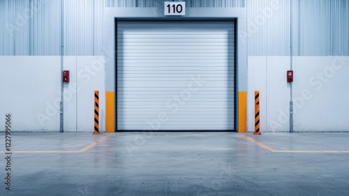 Clean and modern warehouse with a large loading door and floor.
