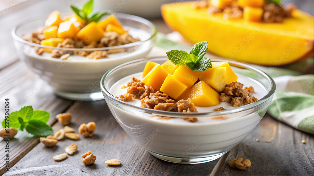 Mango yogurt parfait with granola and fresh mint in a glass bowl on a wooden table Mango yogurt parfait with granola and fresh mint in a glass bowl on a wooden table