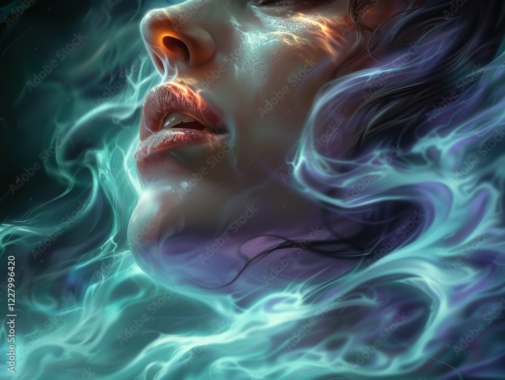 Abstract 3D render of a close-up on a woman's face with glowing, ethereal teal and purple fog-like elements, highlighting detailed textures and dramatic lighting, generative AI. Abstract 3D render of a close-up on a woman's face with glowing, ethereal teal and purple fog-like elements, highlighting detailed textures and dramatic lighting, generative AI.