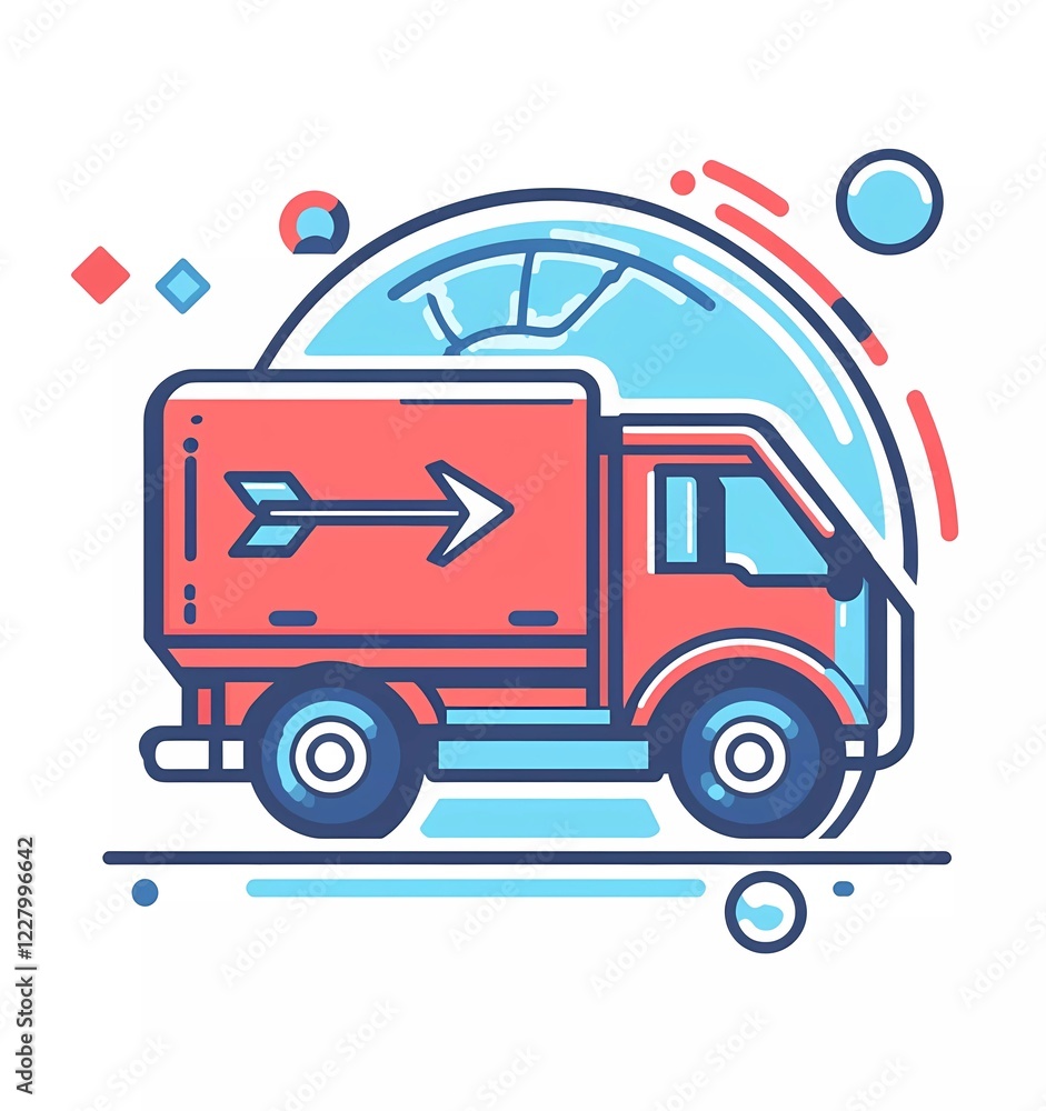 Isolated flat icon of a delivery truck with a globe and arrow, vector illustration, simple design, bold lines, red and blue color palette, white background, minimalist style, professional graphic desi Isolated flat icon of a delivery truck with a globe and arrow, vector illustration, simple design, bold lines, red and blue color palette, white background, minimalist style, professional graphic desi
