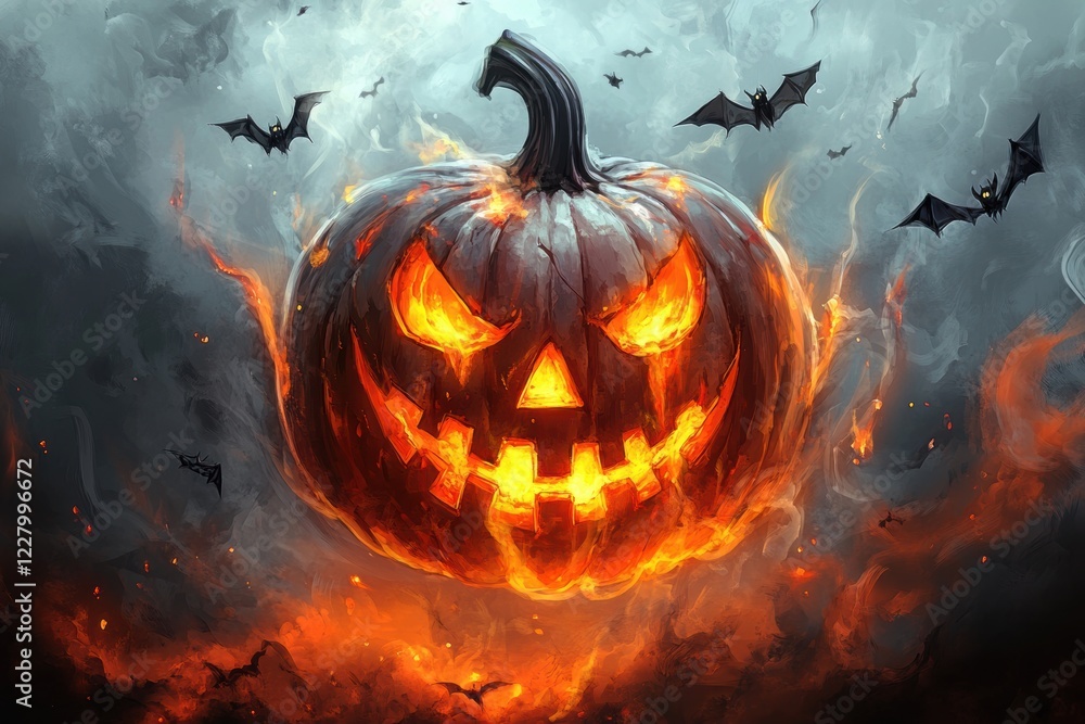 Naklejka premium Mysterious Haunted House on a Foggy Halloween Night with Glowing Jack-o’-Lanterns, Flying Bats, and an Eerie Gothic Atmosphere