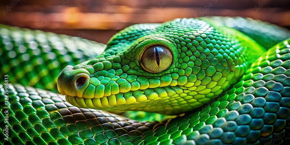 Fototapeta premium Macro Green Snake Skin 2025 - Wooden Background Stock Photo