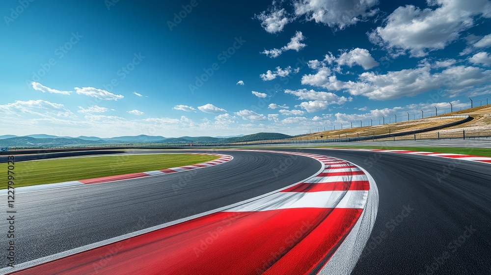 Naklejka premium An empty race track captured beneath a vast clear blue sky during the daytime, highlighting the impressive curves and red-white striped edges of the circuit.