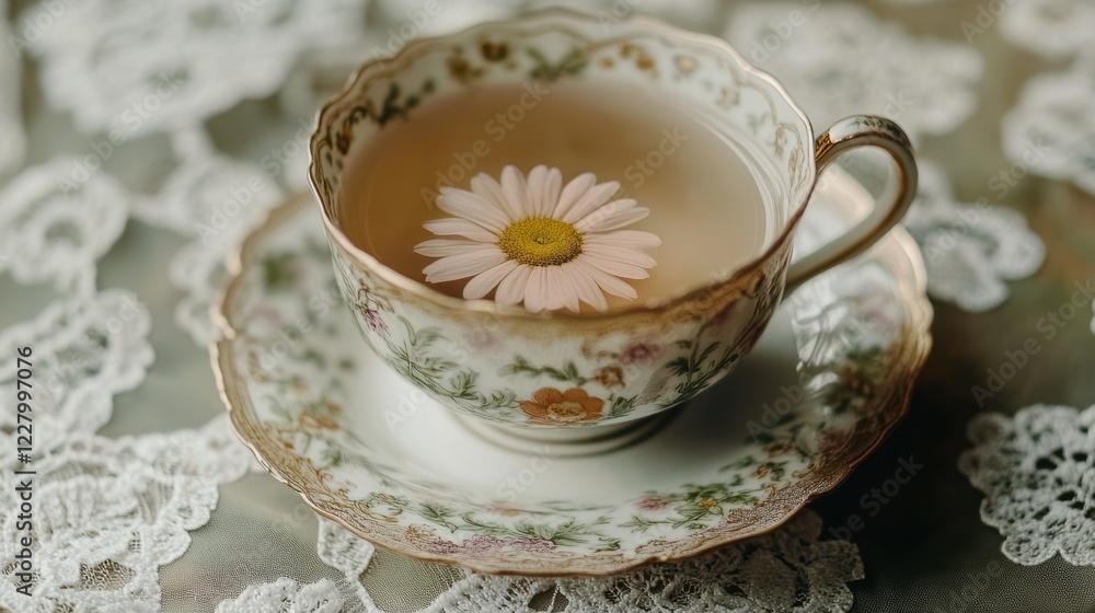 A tea cup with a flower in it sits on a lace tablecloth. A tea cup with a flower in it sits on a lace tablecloth.