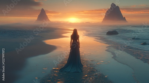 Woman in dress walks beach at sunrise; mountains in background photo