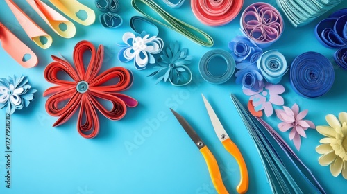 Scene of a paper quilling setup. Featuring quilling strips, tools, and patterns. Highlighting the creativity of paper quilling art. Ideal for DIY and craft blogs. photo