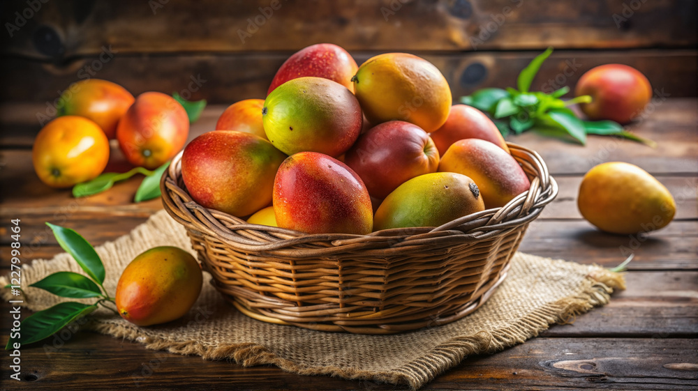Basket of fresh ripe apricots with leaves on a rustic wooden table Basket of fresh ripe apricots with leaves on a rustic wooden table