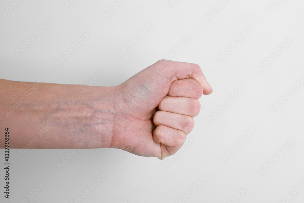 Woman with visible hand veins on white background, closeup. Space for text Woman with visible hand veins on white background, closeup. Space for text