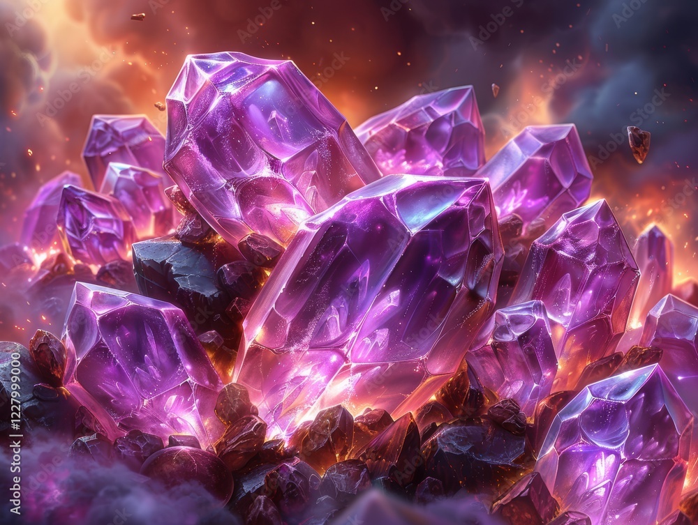 A vibrant array of colorful, luminous crystals in shades of gold, purple, pink, and blue, emanating a radiant glow against a dramatic sky with scattered shards floating in the air, generative AI. A vibrant array of colorful, luminous crystals in shades of gold, purple, pink, and blue, emanating a radiant glow against a dramatic sky with scattered shards floating in the air, generative AI.