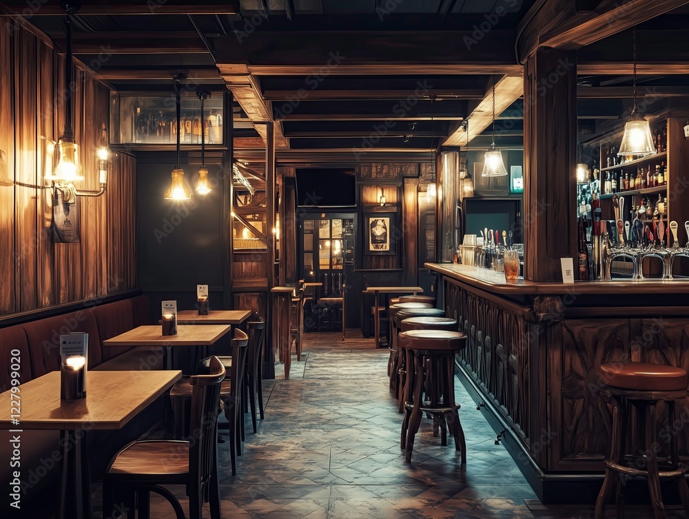 Cozy rustic pub interior with wooden bar and warm lighting Cozy rustic pub interior with wooden bar and warm lighting