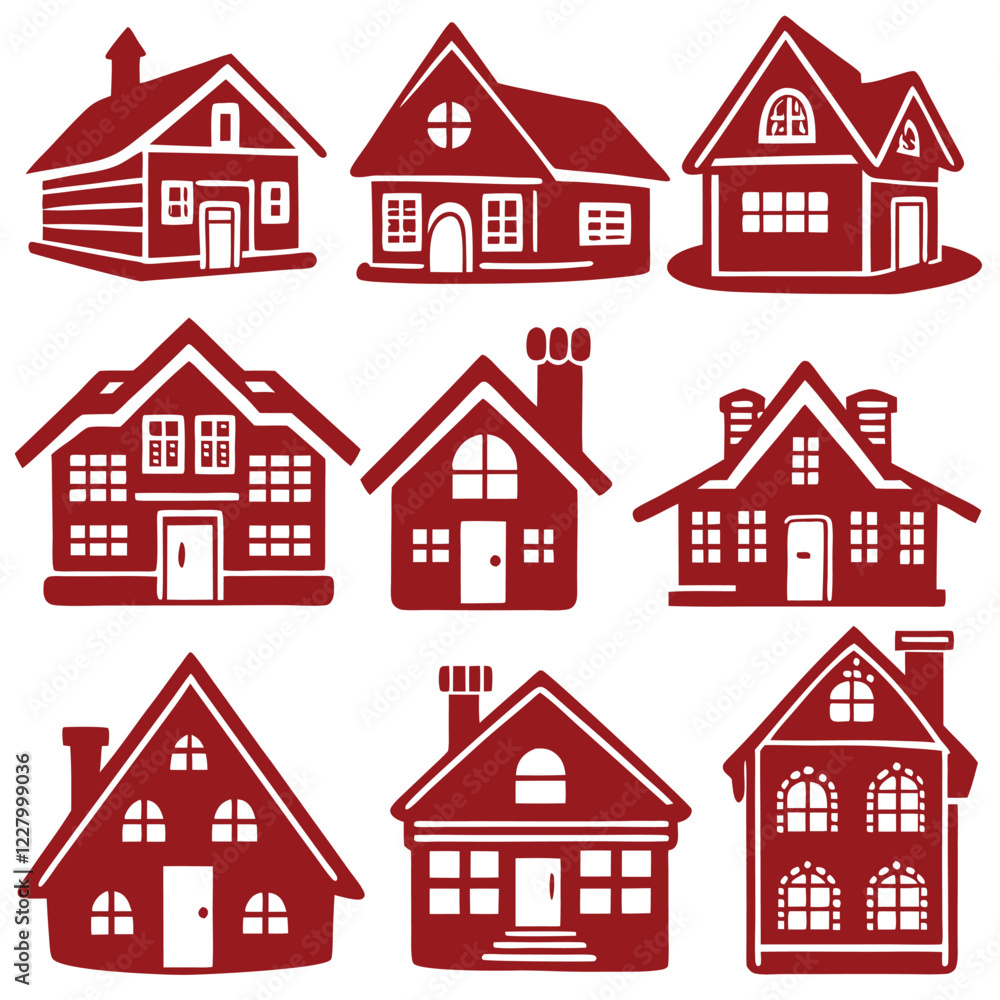 set of red color house icons set of red color house icons