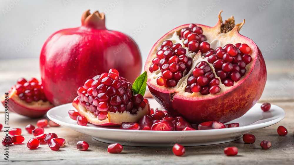 Whole and halved pomegranates with scattered seeds on a white plate Whole and halved pomegranates with scattered seeds on a white plate