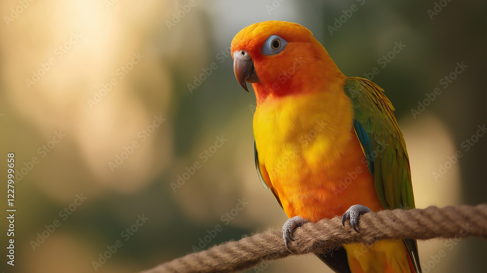Colorful sun conure parrot perched on rope. Ideal for exotic birds, pet photography, or wildlife portraits. Colorful sun conure parrot perched on rope. Ideal for exotic birds, pet photography, or wildlife portraits.