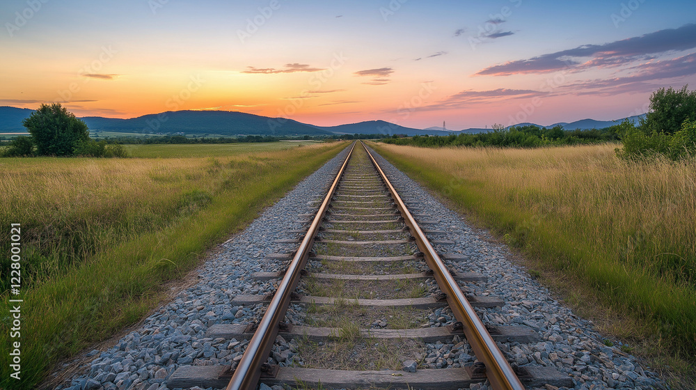 Fototapeta premium Railroad tracks through grassland at sunset. Suitable for transportation infrastructure, rural landscapes, or journey themes.