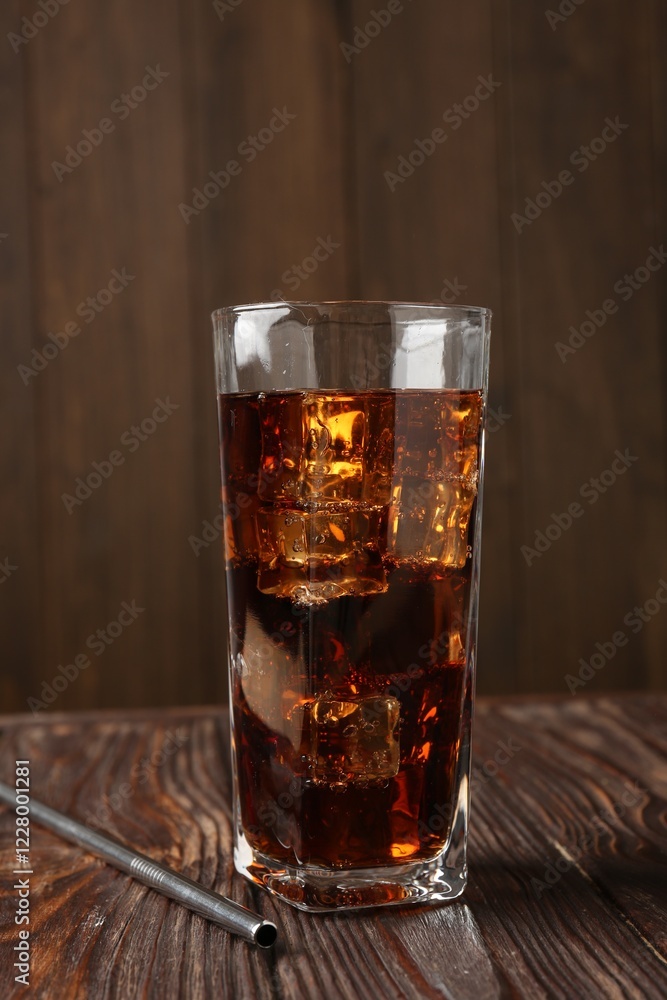 Cold cola with ice cubes in glass and drinking straw on wooden table Cold cola with ice cubes in glass and drinking straw on wooden table