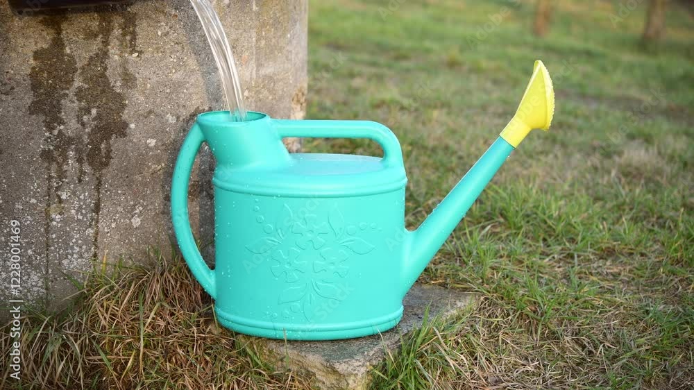 A gardener pours water into a watering can to water the garden. A gardener pours water into a watering can to water the garden.