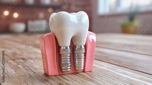 A realistic model of a dental implant resting on a table, demonstrating the tooth placement process, combining clinical precision with everyday context. photo