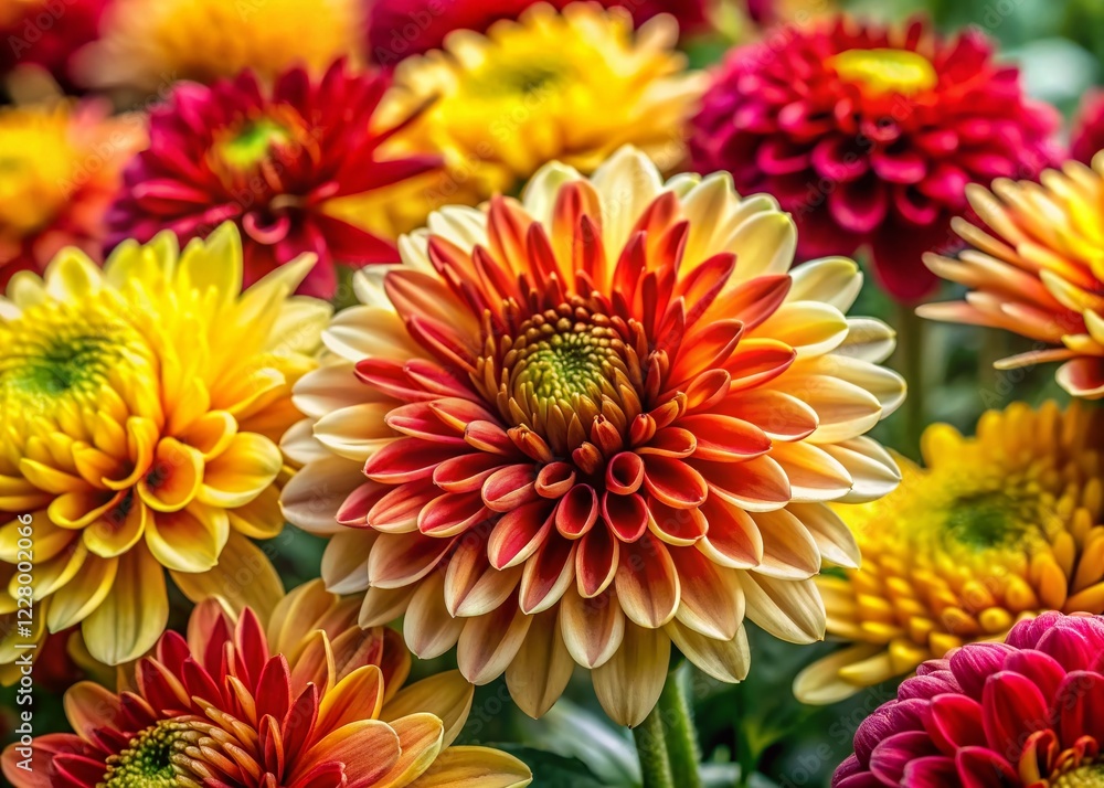 Macro Photography: Vibrant Yellow, Red & White Chrysanthemum Blooms in a Garden Macro Photography: Vibrant Yellow, Red & White Chrysanthemum Blooms in a Garden